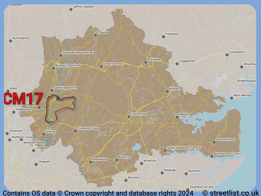 Where the CM17 postcode district lies within the wider  postcode area