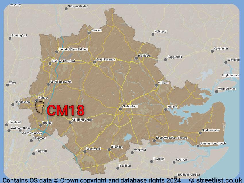 Where the CM18 postcode district lies within the wider  postcode area