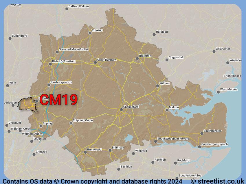 Where the CM19 postcode district lies within the wider  postcode area