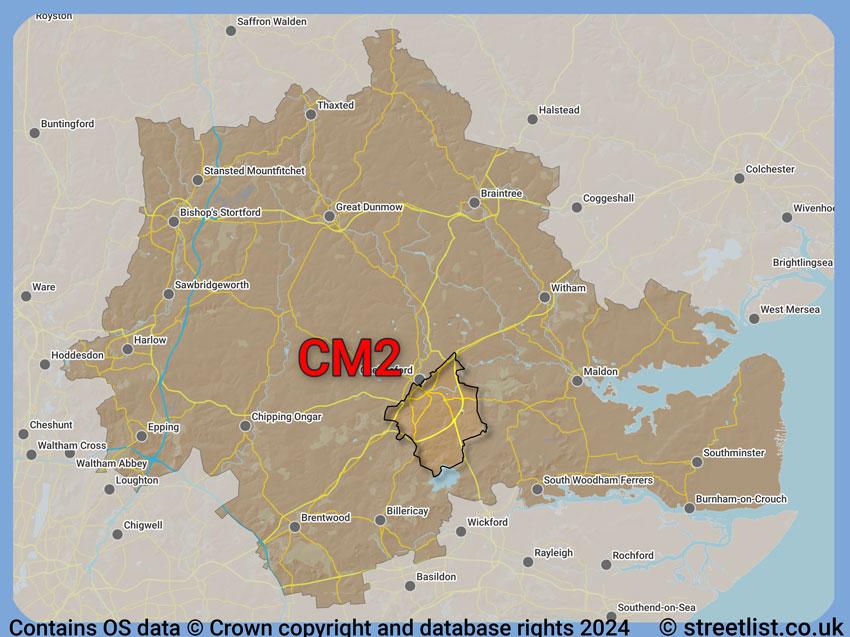 Where the CM2 postcode district lies within the wider  postcode area