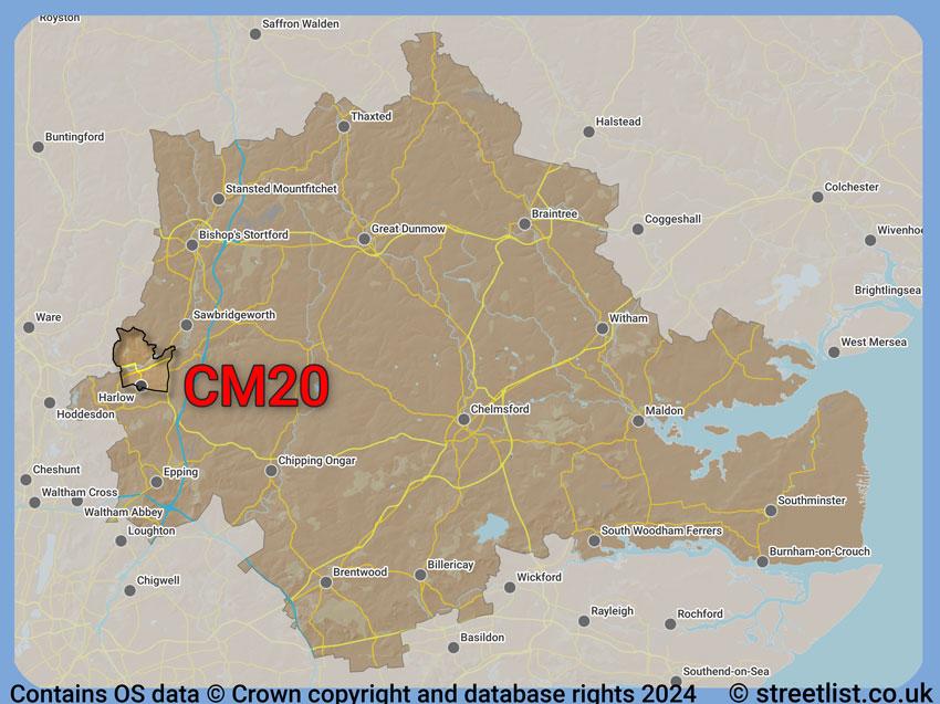 Where the CM20 postcode district lies within the wider  postcode area