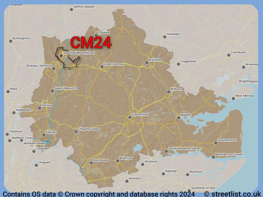 Where the CM24 postcode district lies within the wider  postcode area