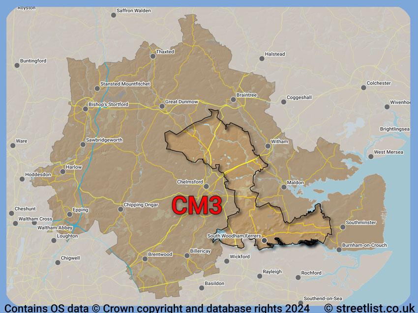 Where the CM3 postcode district lies within the wider  postcode area