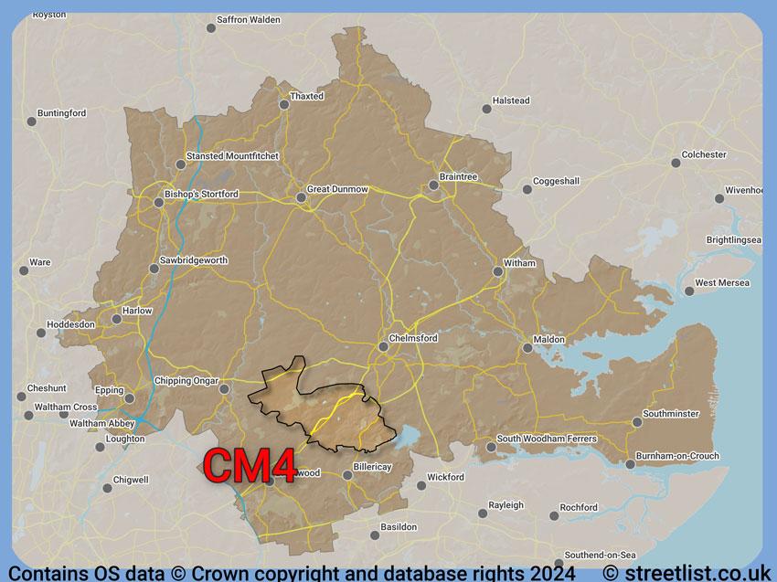 Where the CM4 postcode district lies within the wider  postcode area