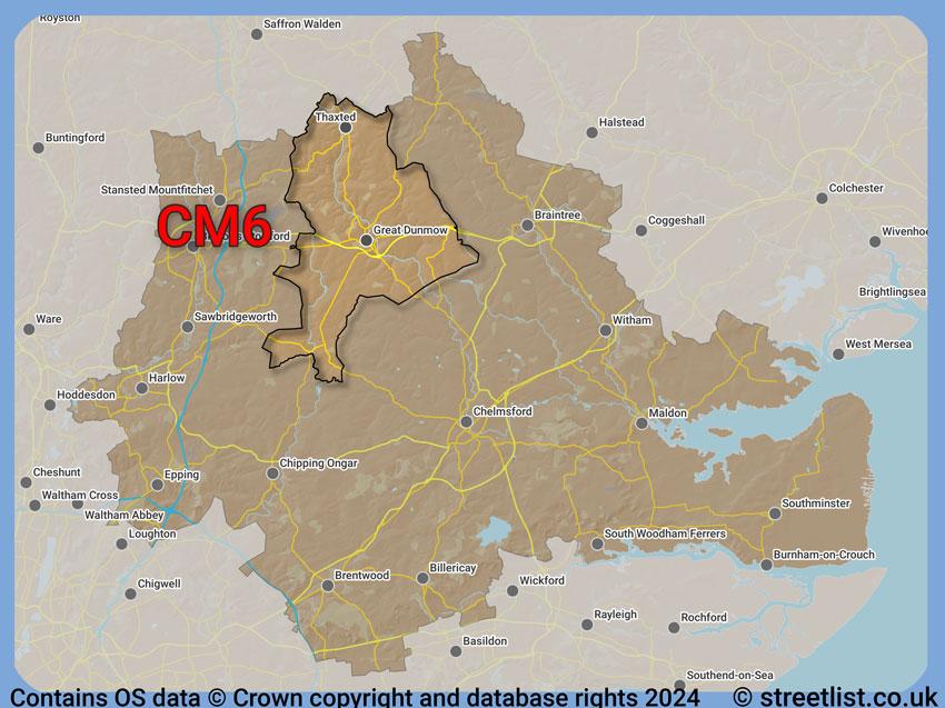 Where the CM6 postcode district lies within the wider  postcode area