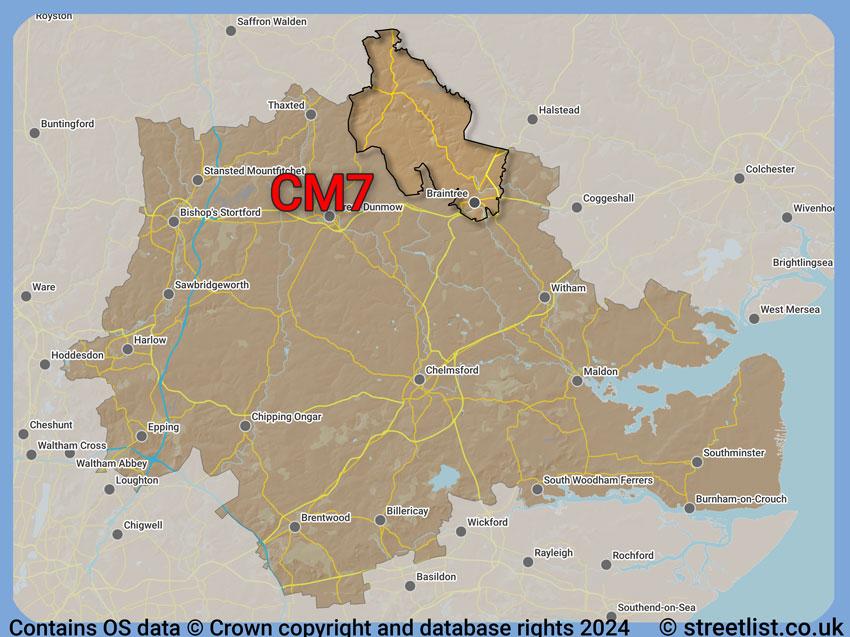 Where the CM7 postcode district lies within the wider  postcode area