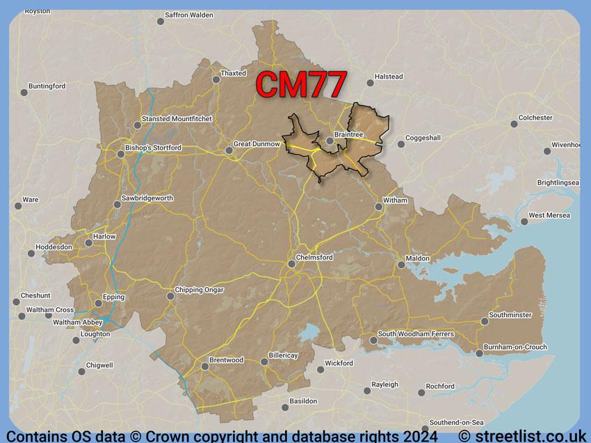 Where the CM77 postcode district lies within the wider  postcode area