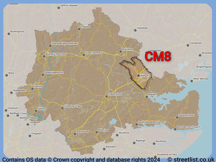 Where the CM8 postcode district lies within the wider  postcode area