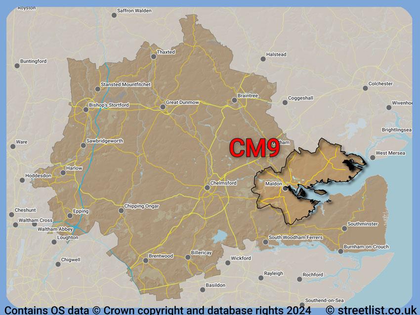 Where the CM9 postcode district lies within the wider  postcode area