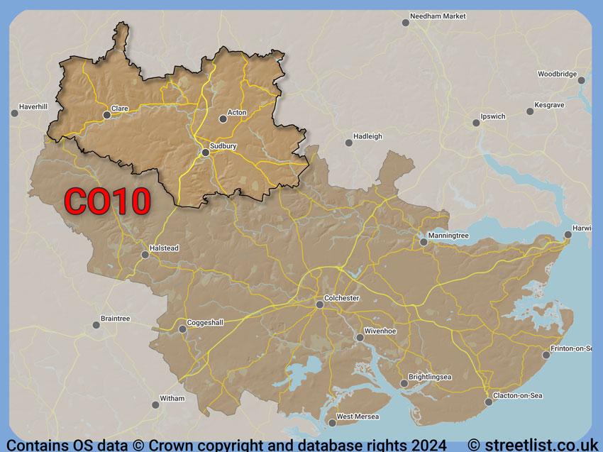 Where the CO10 postcode district lies within the wider  postcode area