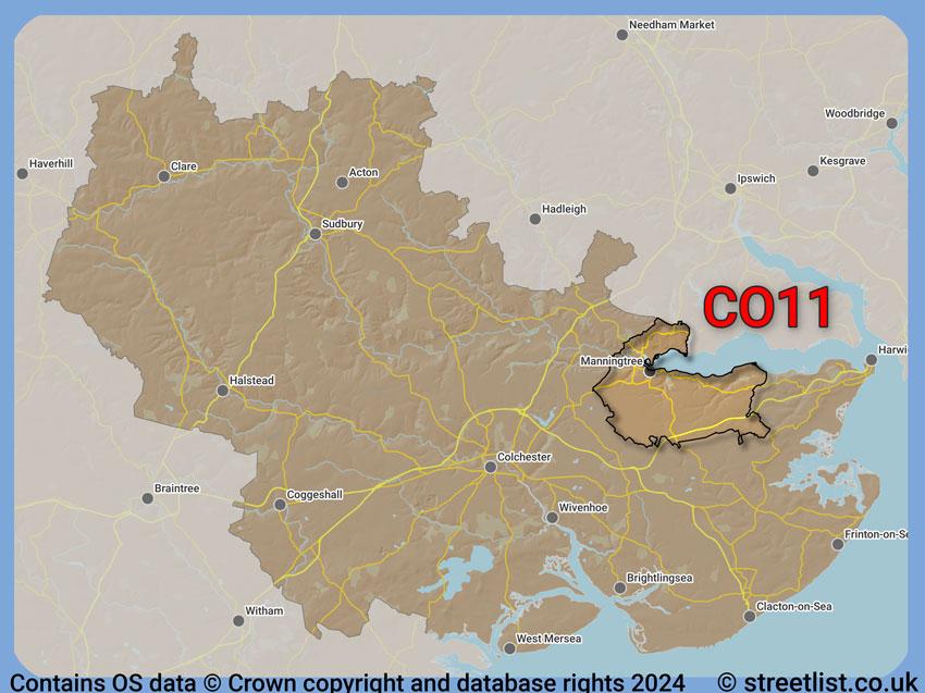 Where the CO11 postcode district lies within the wider  postcode area