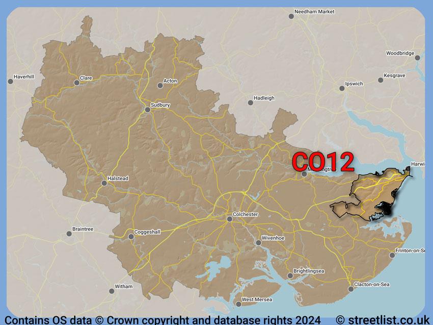 Where the CO12 postcode district lies within the wider  postcode area