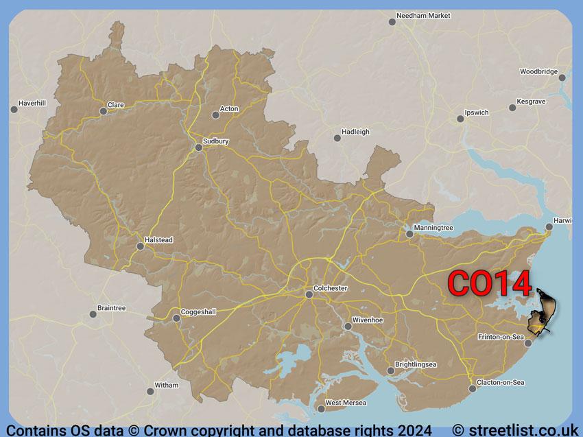 Where the CO14 postcode district lies within the wider  postcode area