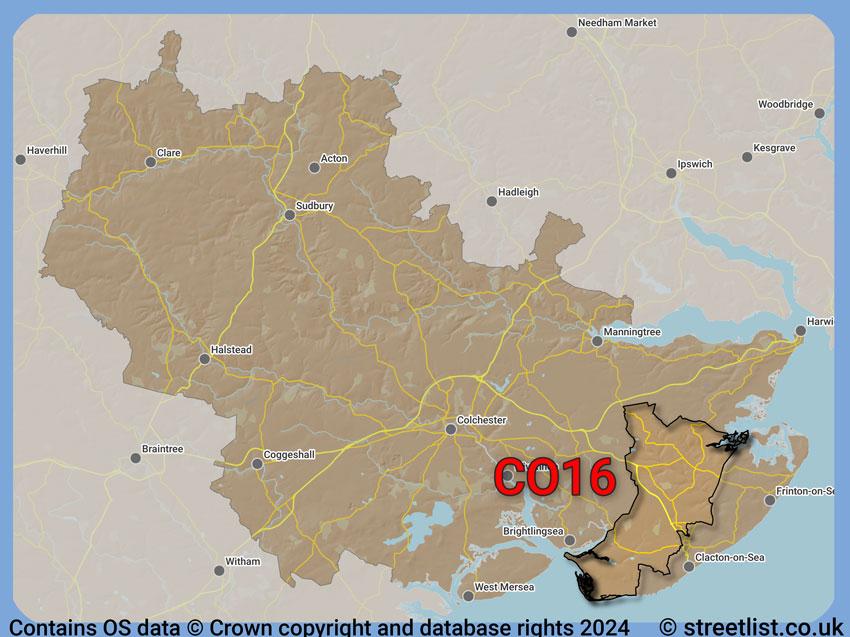 Where the CO16 postcode district lies within the wider  postcode area