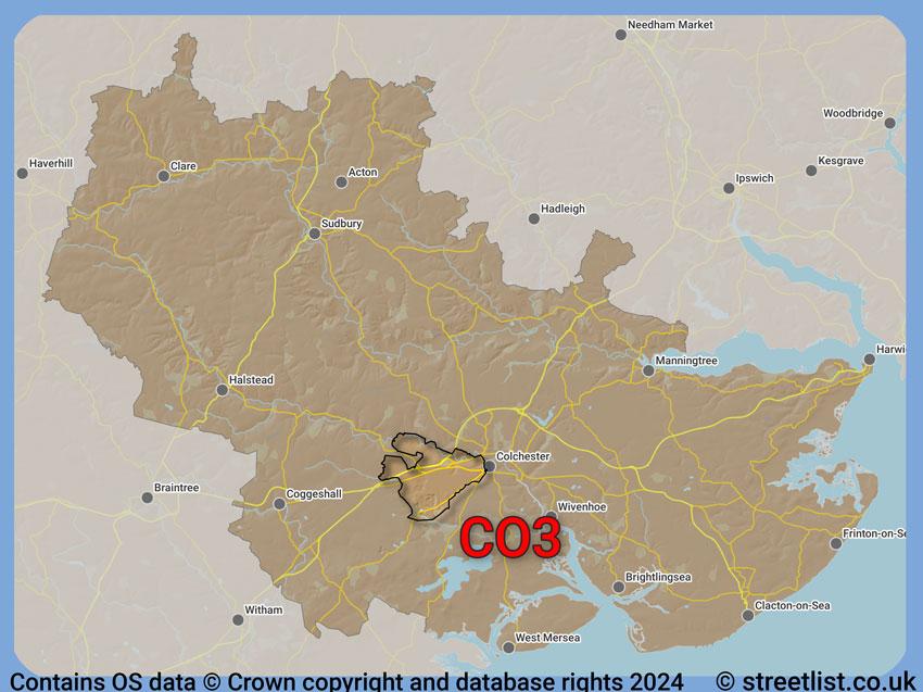 Where the CO3 postcode district lies within the wider  postcode area