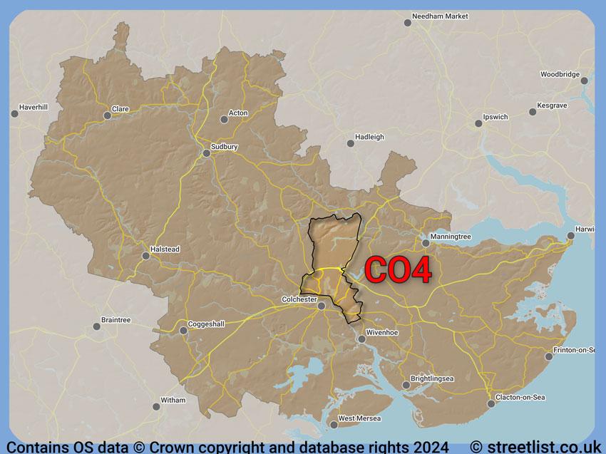 Where the CO4 postcode district lies within the wider  postcode area