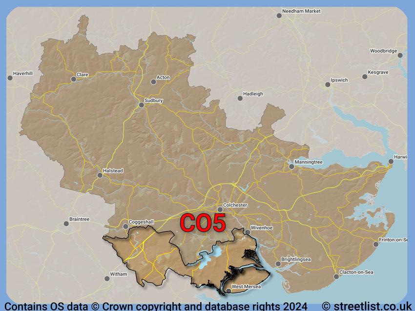 Where the CO5 postcode district lies within the wider  postcode area