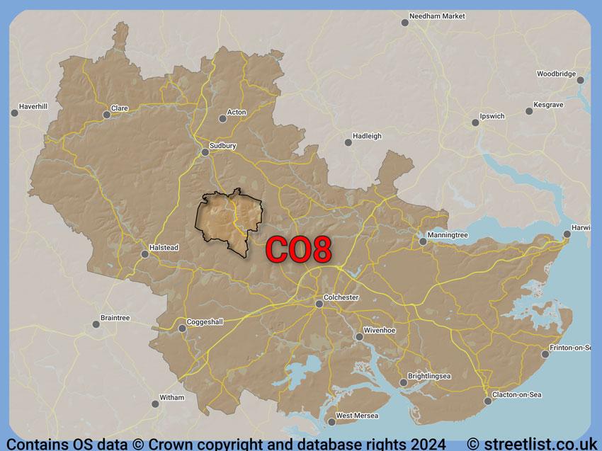 Where the CO8 postcode district lies within the wider  postcode area