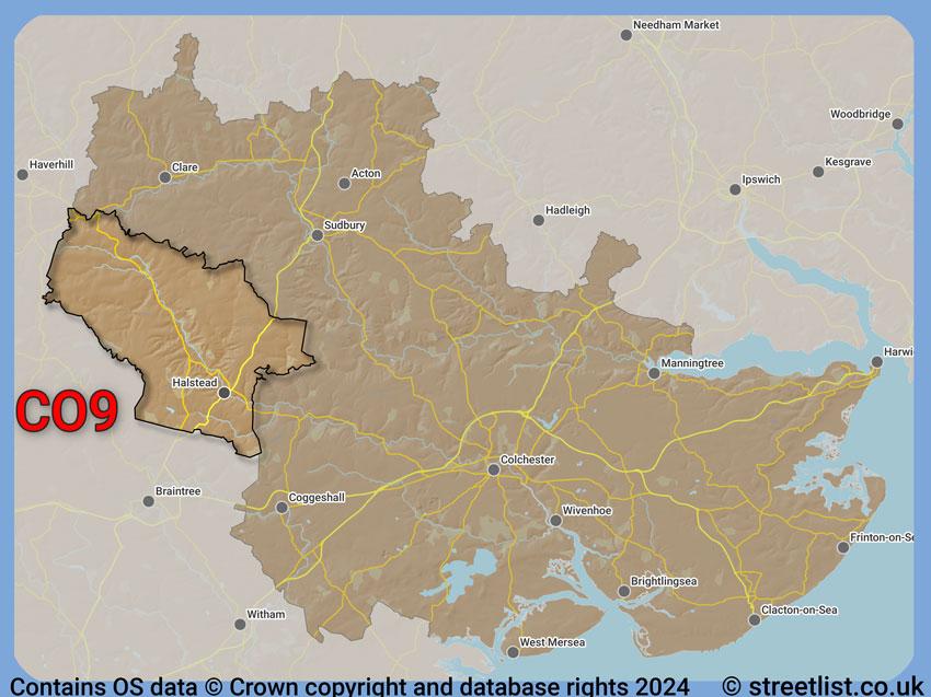 Where the CO9 postcode district lies within the wider  postcode area