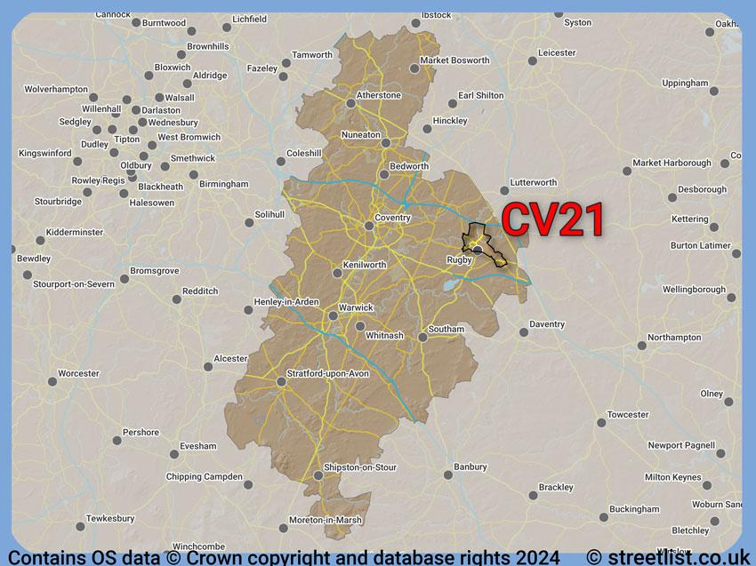 Where the CV21 postcode district lies within the wider  postcode area