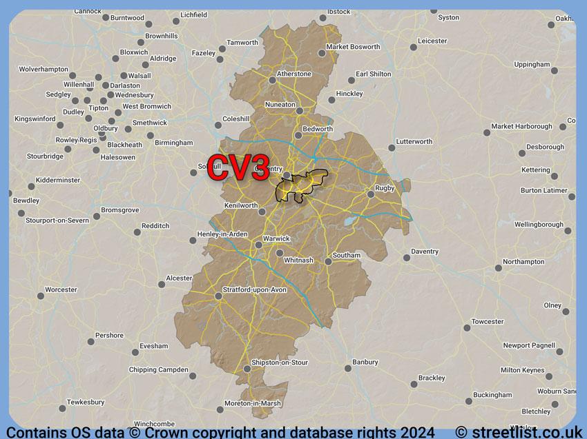 Where the CV3 postcode district lies within the wider  postcode area