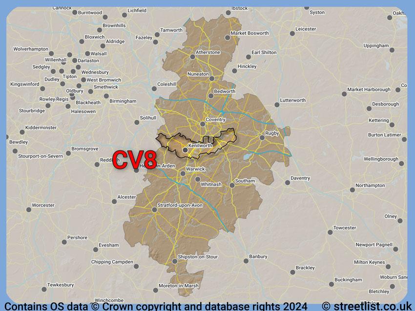 Where the CV8 postcode district lies within the wider  postcode area