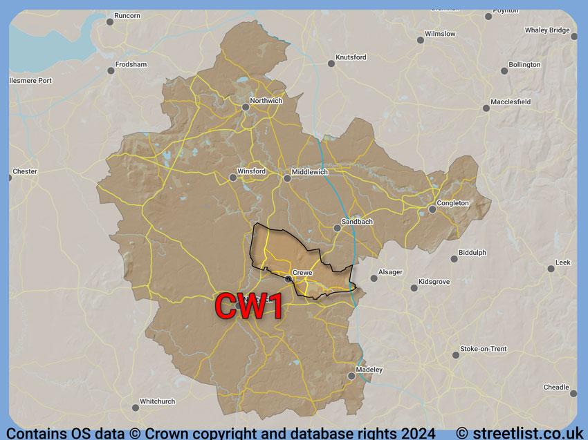 Where the CW1 postcode district lies within the wider  postcode area