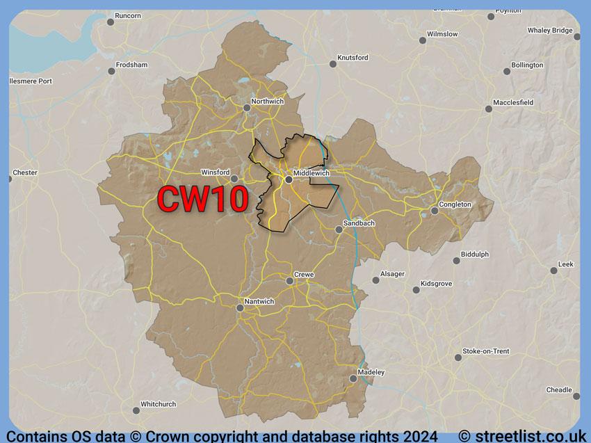 Where the CW10 postcode district lies within the wider  postcode area