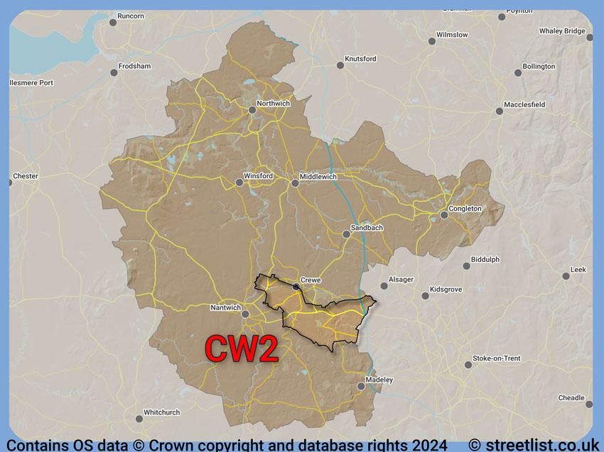 Where the CW2 postcode district lies within the wider  postcode area