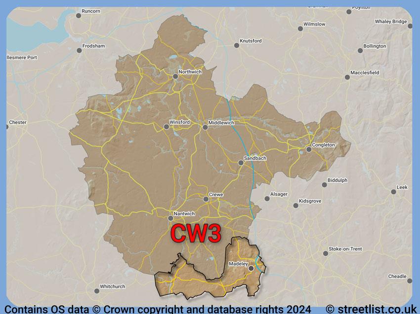 Where the CW3 postcode district lies within the wider  postcode area