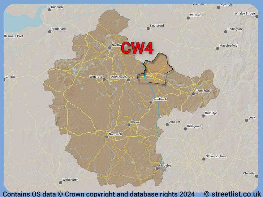 Where the CW4 postcode district lies within the wider  postcode area