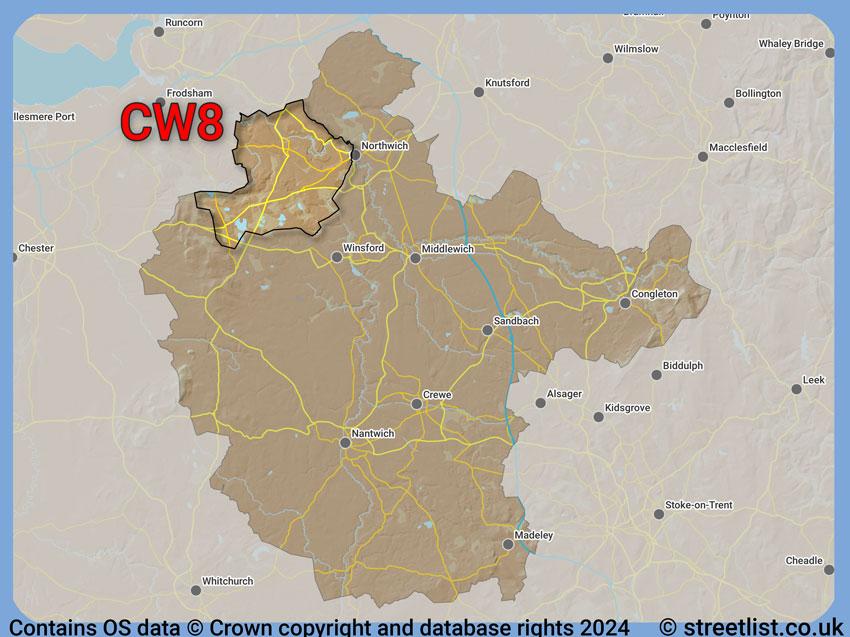 Where the CW8 postcode district lies within the wider  postcode area