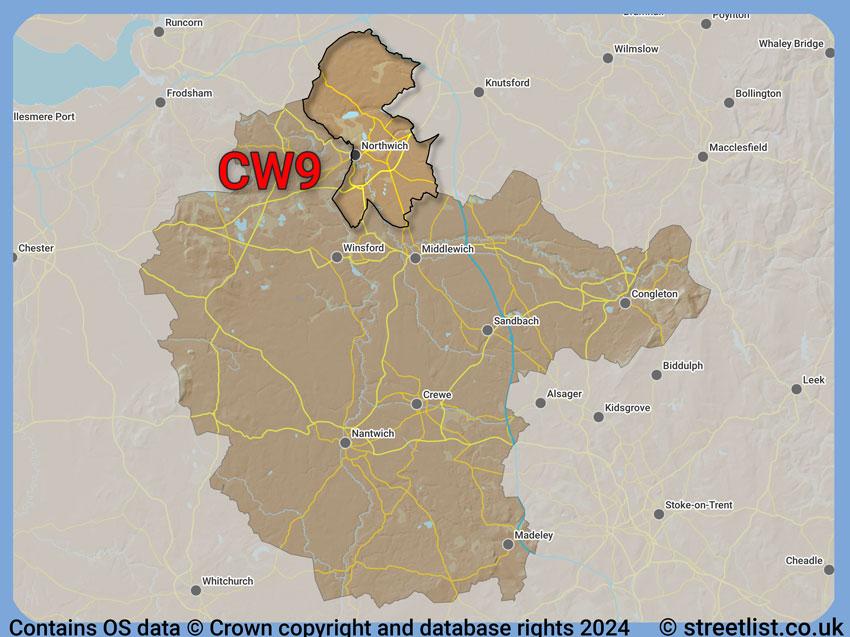 Where the CW9 postcode district lies within the wider  postcode area