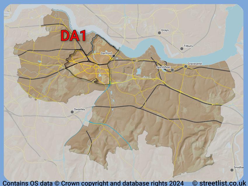 Where the DA1 postcode district lies within the wider  postcode area