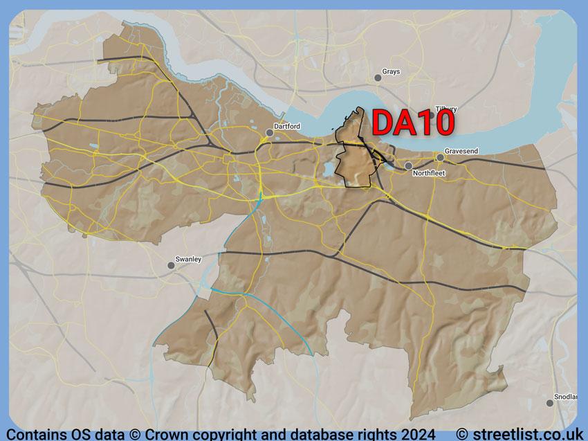 Where the DA10 postcode district lies within the wider  postcode area