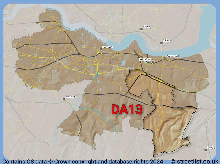 Where the DA13 postcode district lies within the wider  postcode area