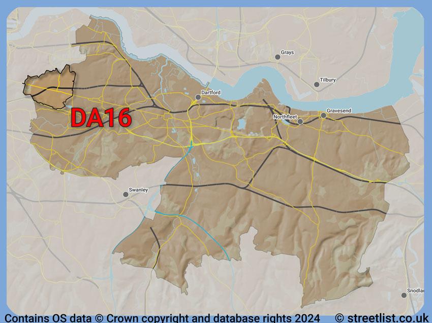 Where the DA16 postcode district lies within the wider  postcode area