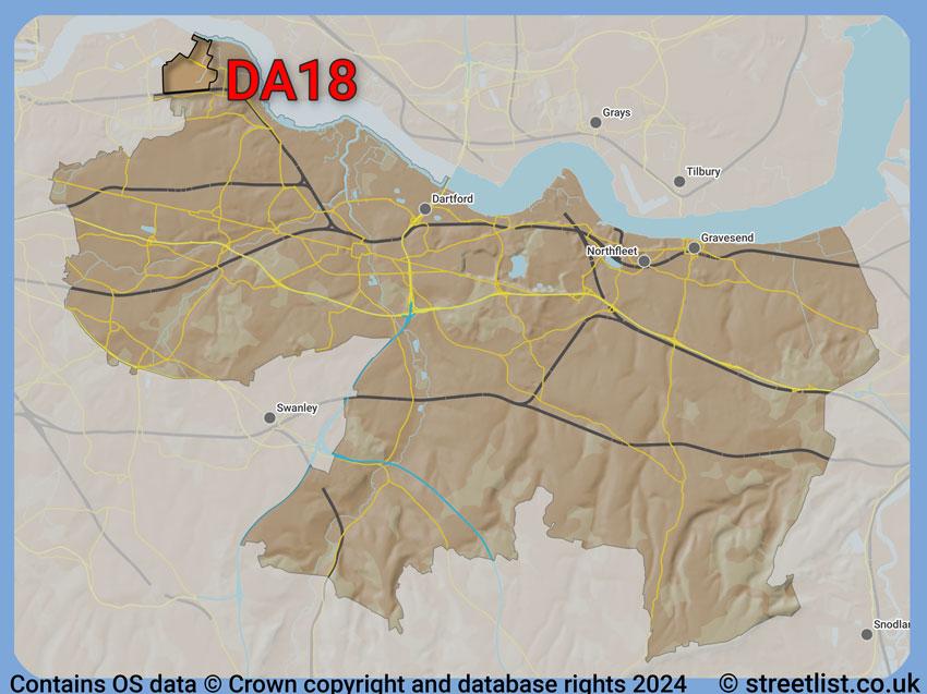 Where the DA18 postcode district lies within the wider  postcode area