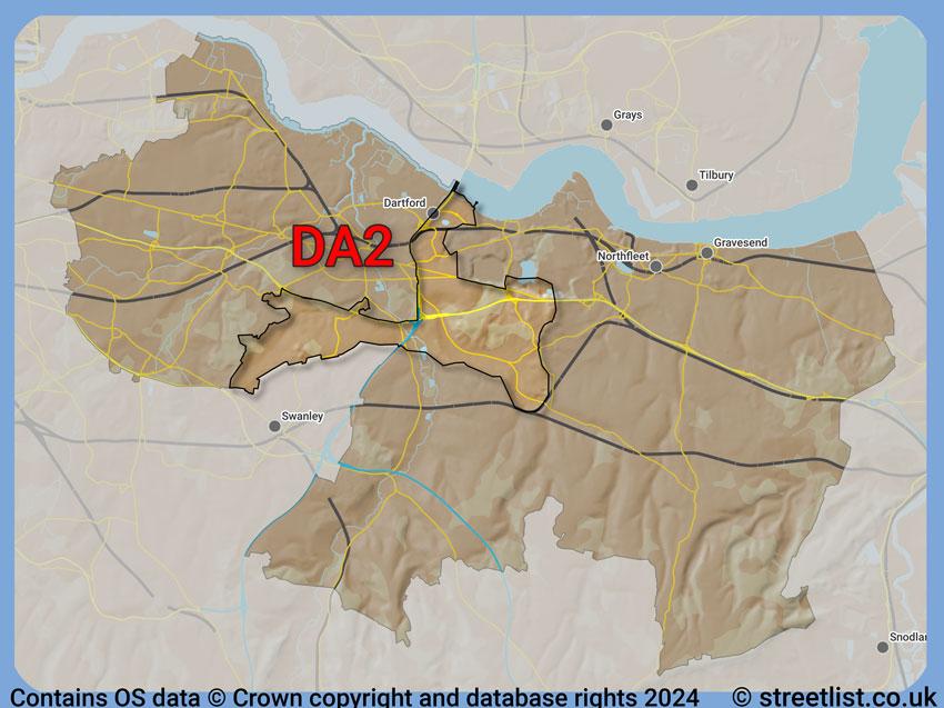 Where the DA2 postcode district lies within the wider  postcode area