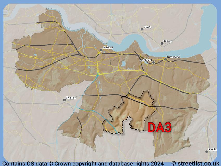 Where the DA3 postcode district lies within the wider  postcode area