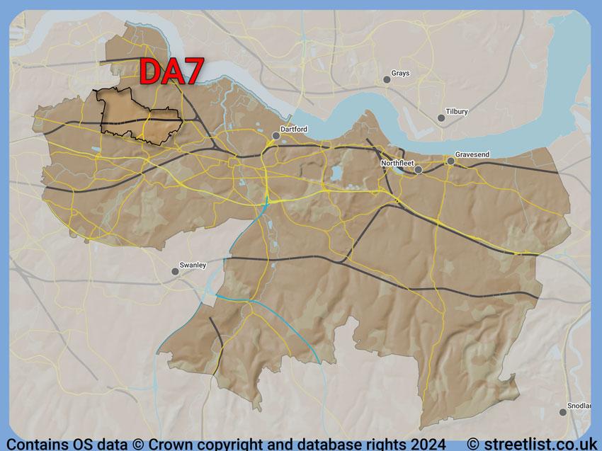 Where the DA7 postcode district lies within the wider  postcode area