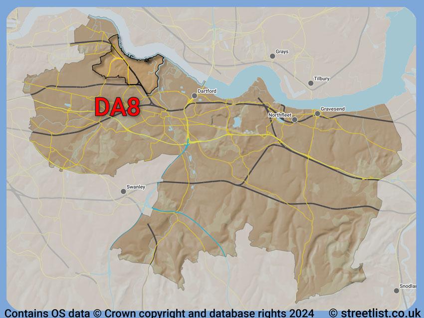 Where the DA8 postcode district lies within the wider  postcode area