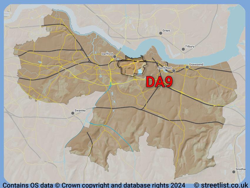 Where the DA9 postcode district lies within the wider  postcode area