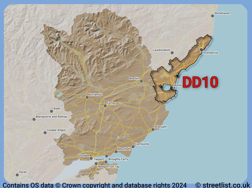 Where the DD10 postcode district lies within the wider  postcode area