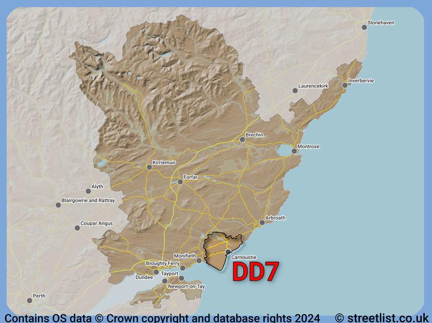 Where the DD7 postcode district lies within the wider  postcode area