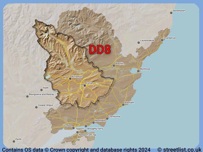 Where the DD8 postcode district lies within the wider  postcode area