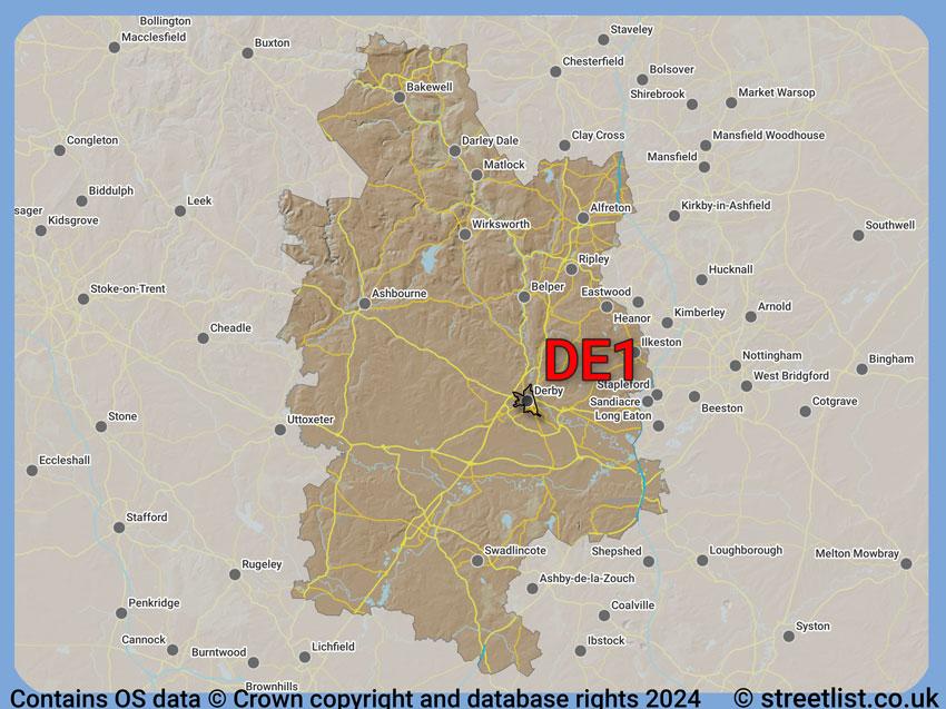 Where the DE1 postcode district lies within the wider  postcode area