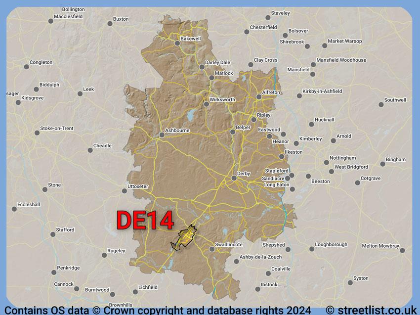 Where the DE14 postcode district lies within the wider  postcode area