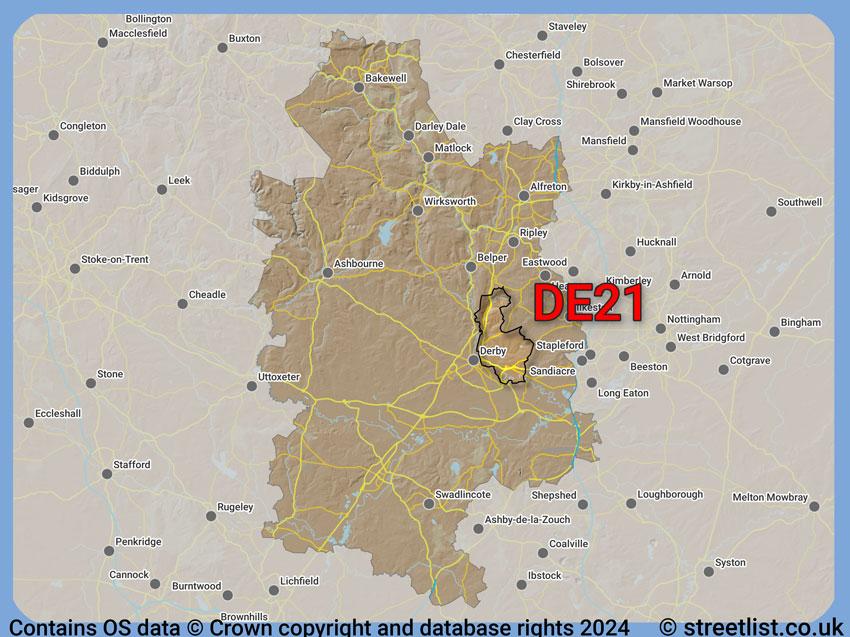 Where the DE21 postcode district lies within the wider  postcode area