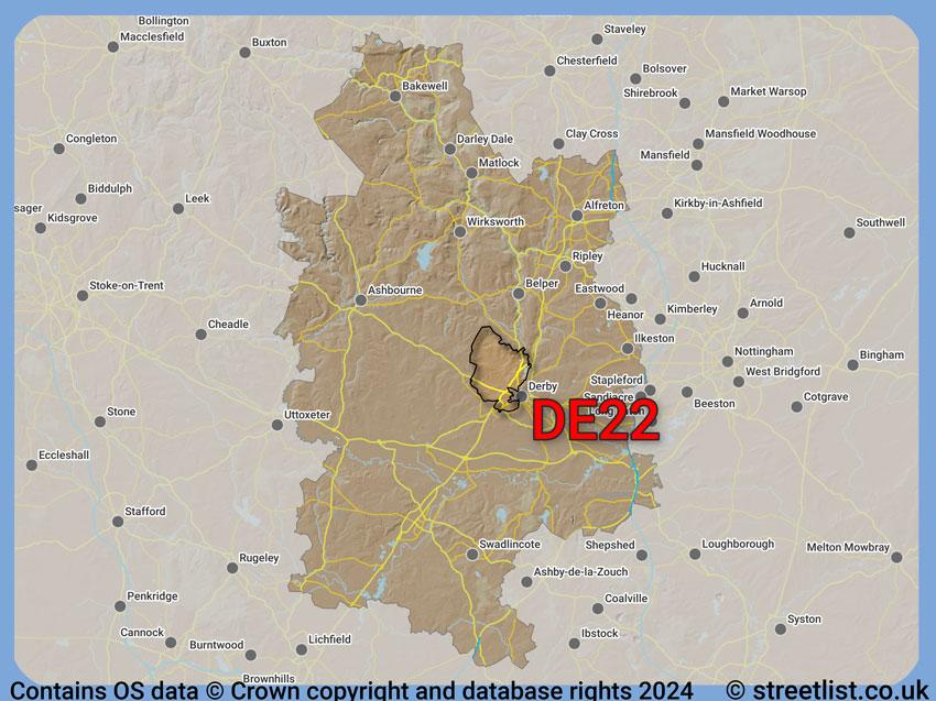 Where the DE22 postcode district lies within the wider  postcode area